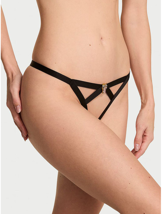 Комплект Білизни Victoria's Secret Balconette Bra With Straps And Shiny Leopard Print Metallic Details & Shine Leo Hardware Strappy Crotchless V-String Panty_3