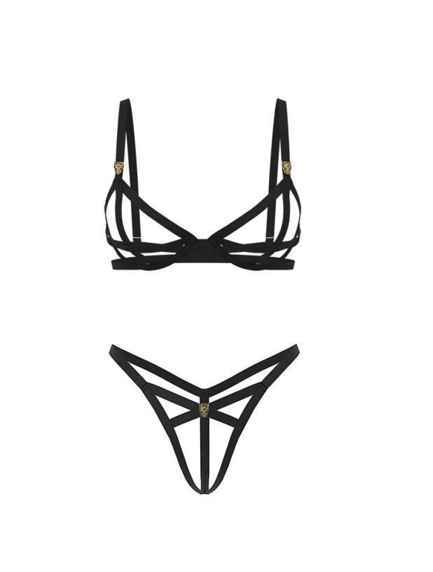 Комплект Білизни Victoria's Secret Balconette Bra With Straps And Shiny Leopard Print Metallic Details & Shine Leo Hardware Strappy Crotchless V-String Panty_5