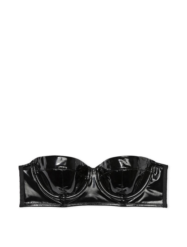 Комплект Білизни Victoria's Secret Very Sexy Faux Patent Leather Strapless Longline Balconette Bra & Midnight Affair Embroidery Brazilian Panty_7