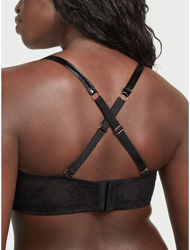 Комплект Білизни Victoria's Secret Very Sexy Faux Patent Leather Strapless Longline Balconette Bra & Midnight Affair Embroidery Brazilian Panty_6