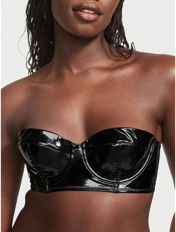 Комплект Білизни Victoria's Secret Very Sexy Faux Patent Leather Strapless Longline Balconette Bra & Midnight Affair Embroidery Brazilian Panty_5