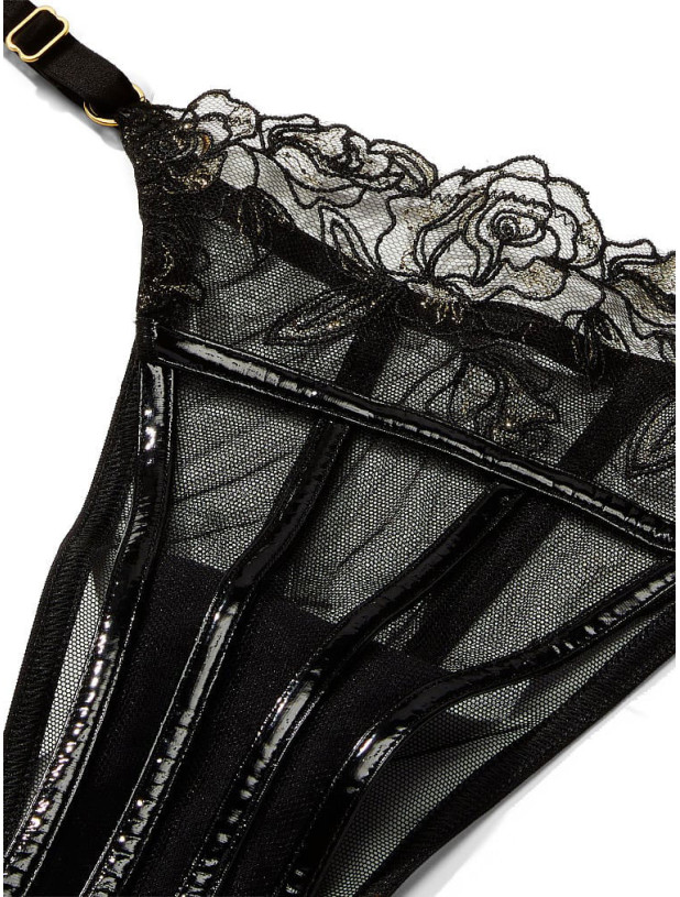 Комплект Білизни Victoria's Secret Very Sexy Faux Patent Leather Strapless Longline Balconette Bra & Midnight Affair Embroidery Brazilian Panty_10