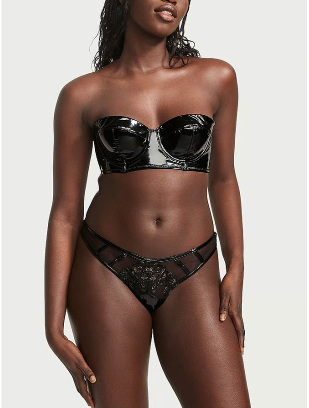 Комплект Білизни Victoria's Secret Very Sexy Faux Patent Leather Strapless Longline Balconette Bra & Midnight Affair Thong Panty_11