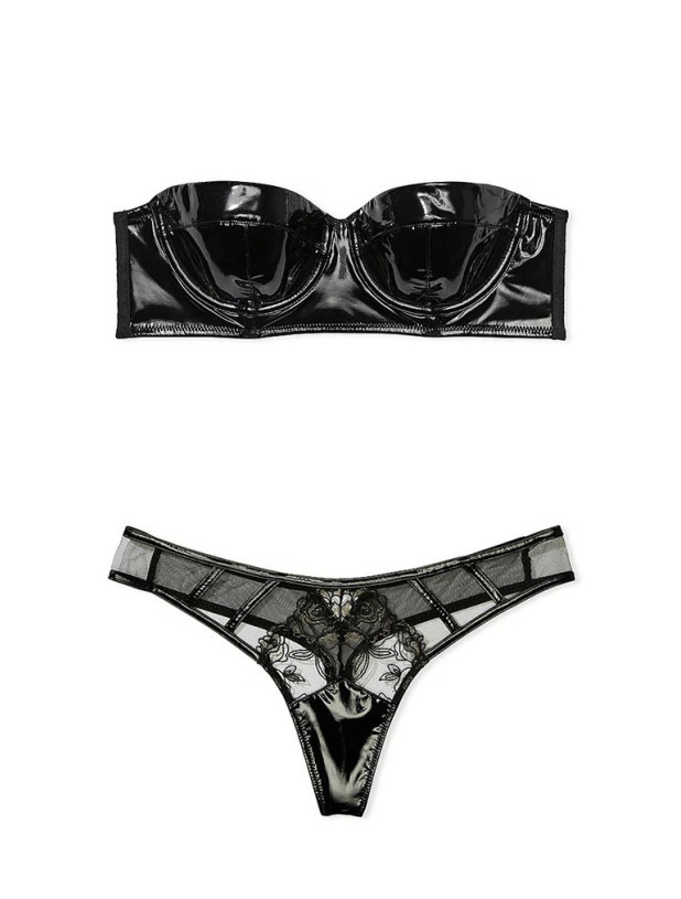 Комплект Білизни Victoria's Secret Very Sexy Faux Patent Leather Strapless Longline Balconette Bra & Midnight Affair Thong Panty_2