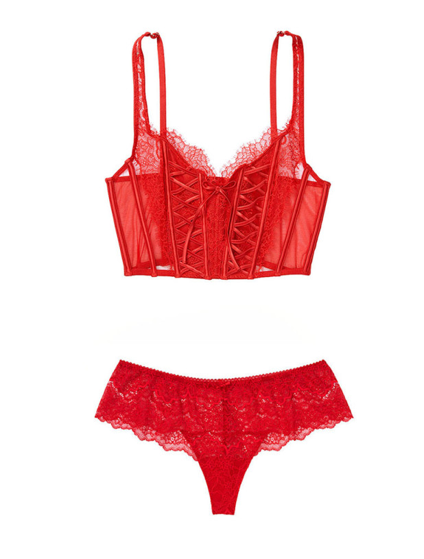 Комплект Білизни з Корсетом Victoria's Secret Dream Angels Unlined Lace-Up Corset Top & Lace Hipster Thong Panty_2