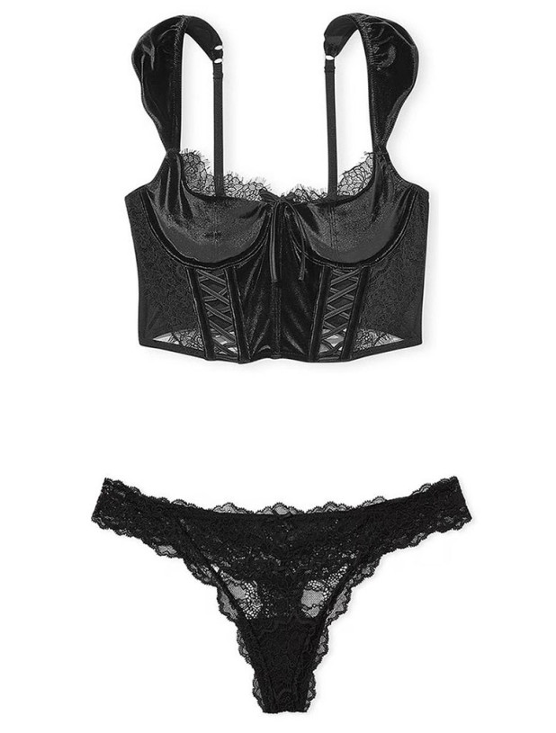 Комплект Білизни з Корсетом Victoria's Secret Dream Angels Lace & Velvet Cap-Sleeve Corset Top & Floral Lace Thong Panty_7