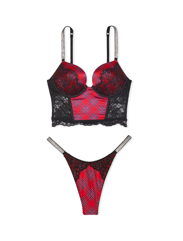 Комплект Білизни зі Стразами Victoria's Secret Bombshell Add-2-Cups Push-Up Corset Top & Shine Strap Lace Thong Panty_3