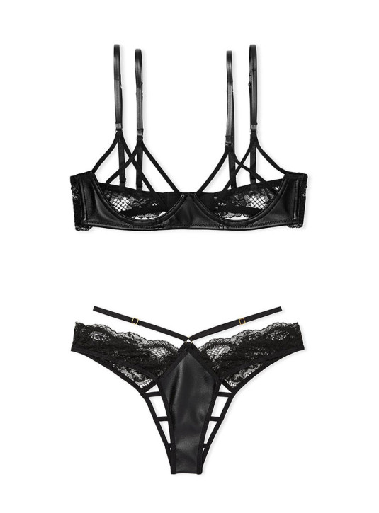 Комплект Білизни Victoria's Secret Very Sexy Faux Leather Strappy Open-Cup Demi Bra & Fishnet Floral Open Back Brazilian Panty