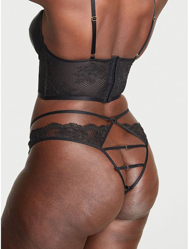 Комплект Білизни Victoria's Secret Very Sexy Faux Leather Strappy Open-Cup Demi Bra & Fishnet Floral Open Back Brazilian Panty_8