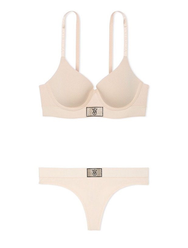 Комплект Білизни Victoria's Secret The T-shirt Shine Patch Lightly Lined Demi Bra & Logo Cotton Shine Patch Thong Panty_2