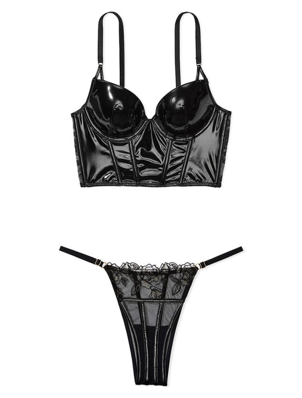 Комплект Білизни Victoria's Secret Very Sexy Midnight Affair Faux Patent Leather Push-Up Corset Top & Midnight Affair Embroidery Brazilian Panty_2