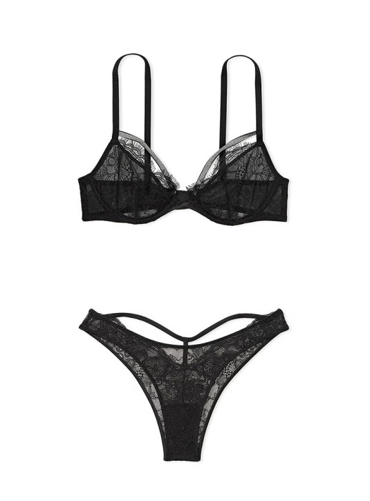 Комплект Білизни зі Стразами Victoria's Secret Very Sexy Shine Strappy Unlined Lace Low-Cut Demi Bra & Shine Strap Cutout Back Brazilian Panty