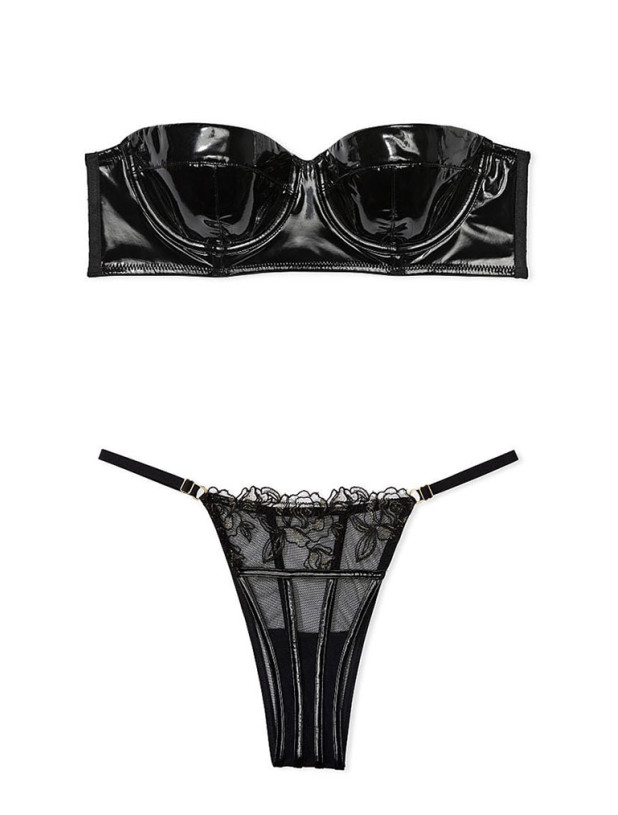 Комплект Білизни Victoria's Secret Very Sexy Faux Patent Leather Strapless Longline Balconette Bra & Midnight Affair Embroidery Brazilian Panty_2